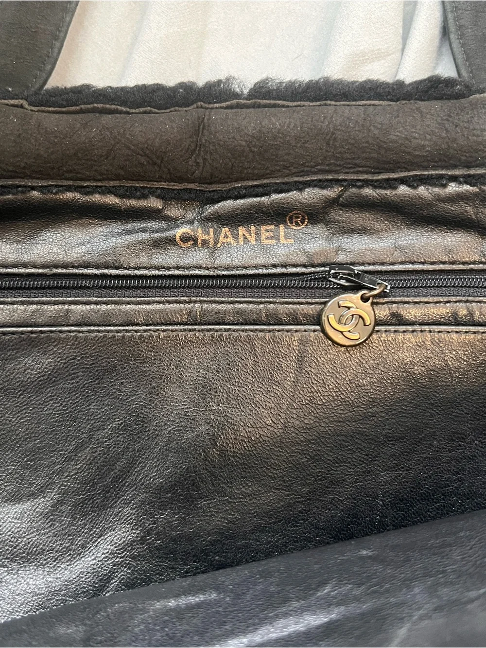 CHANEL Black Mouton Suede Shearling Bag Vintage 90s